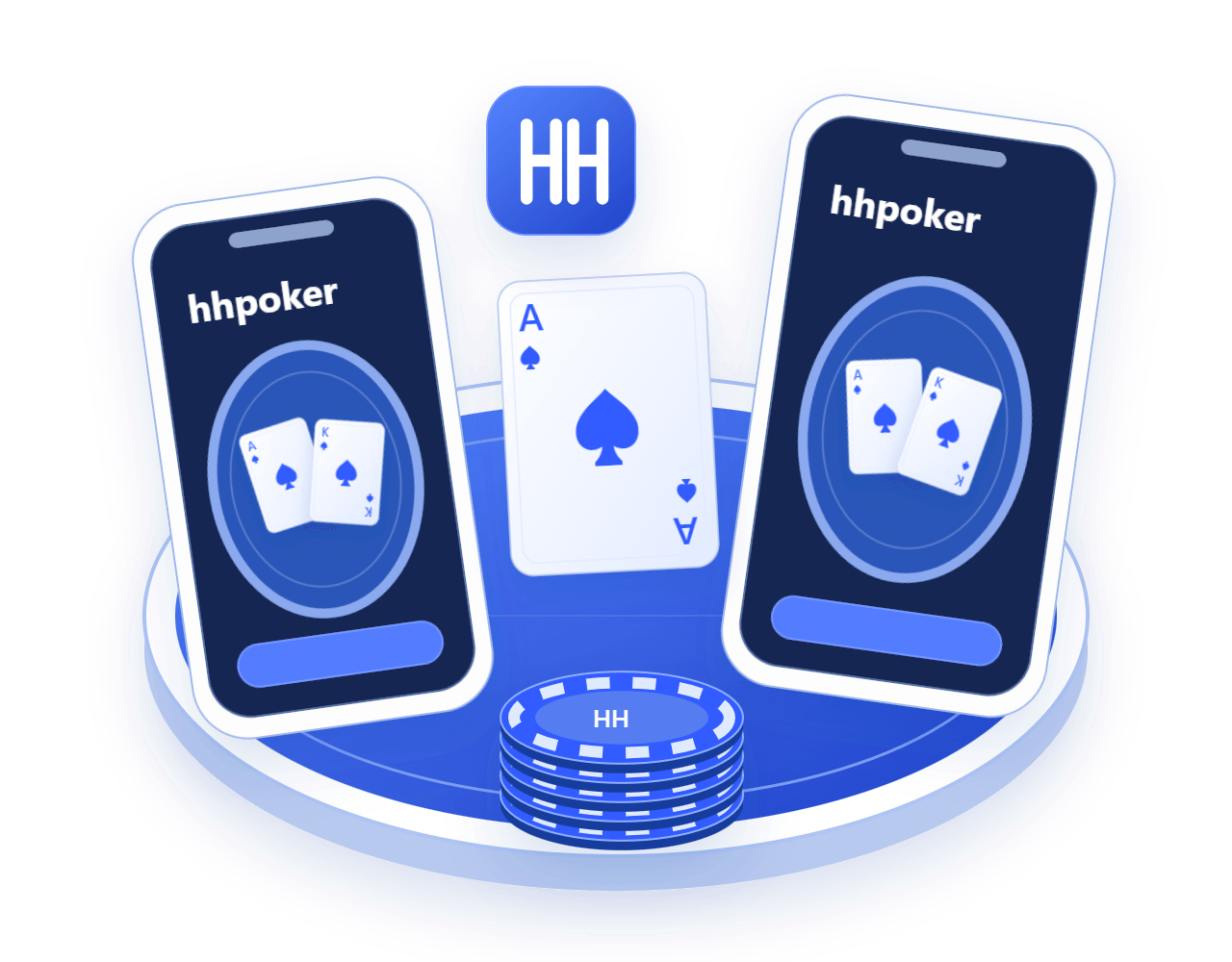 两台手机模型分列蓝色牌桌两侧,黑桃A居中,呈现hhpoker安卓更新安装主题